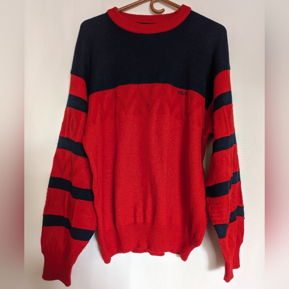 Vintage Men's Large Fila Wool Sweater Red Navy Blue Wool Soccer World Cup UK